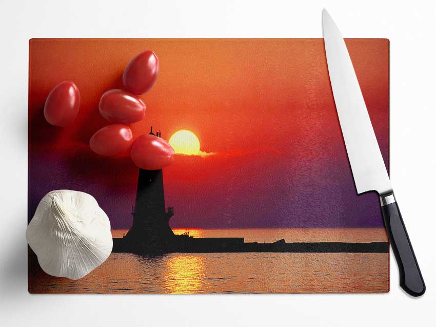 Lighthouse Sunset Red Glass Chopping Board