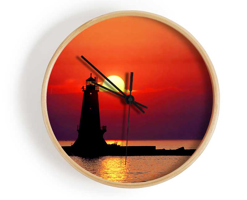 Lighthouse Sunset Red Clock - Wallart-Direct UK