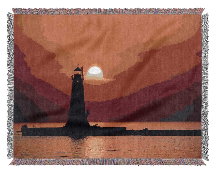 Lighthouse Sunset Red Woven Blanket