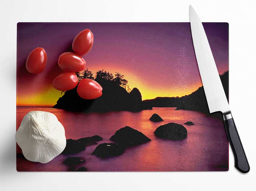 Pink Sunset Behind The Mountain Glass Chopping Board