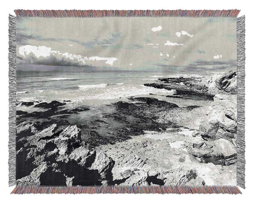 Rocks Of The Ocean Black And White Woven Blanket