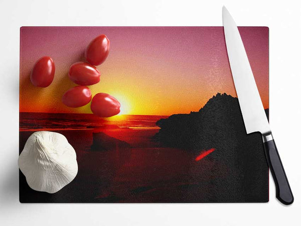 Pink Sunset Horizon Over The Ocean Rocks Glass Chopping Board