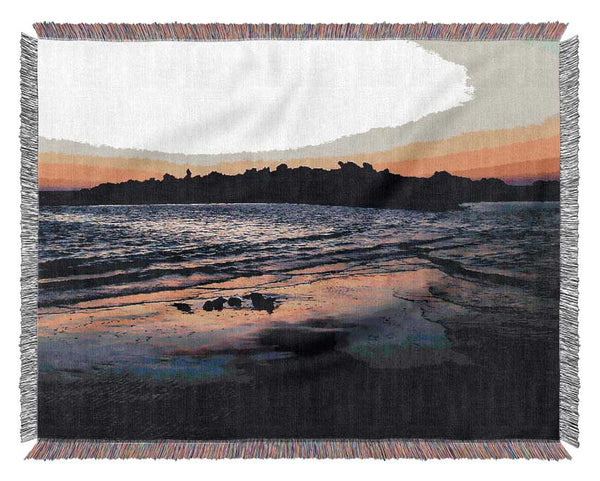 Sunset Behind The Ocean Rocks Woven Blanket