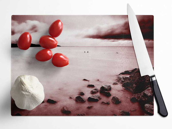 Misty Calm Ocean Rocks Glass Chopping Board