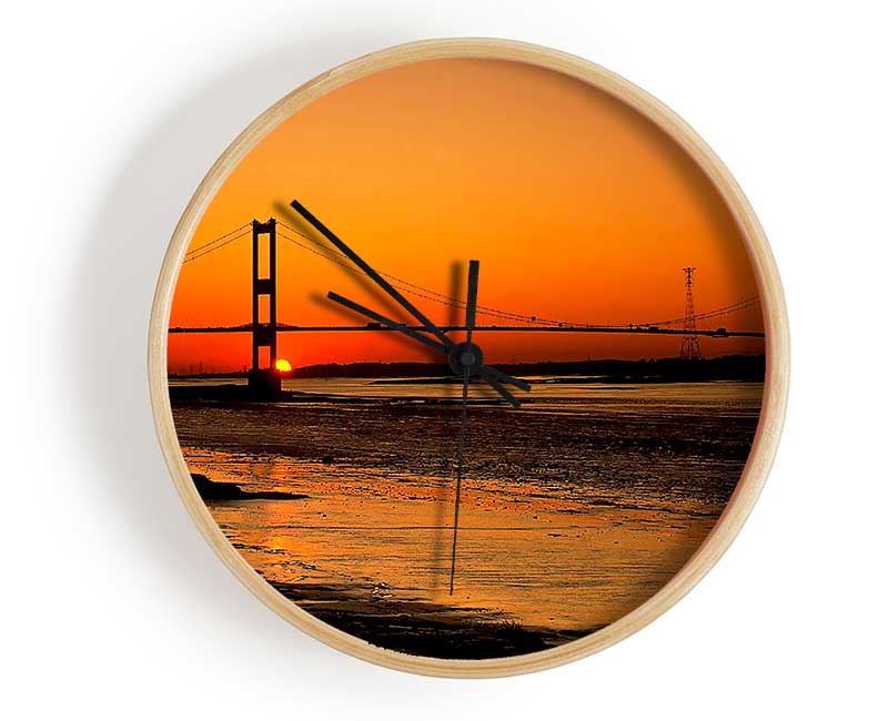 Bridge Afar Orange Sunset Clock - Wallart-Direct UK