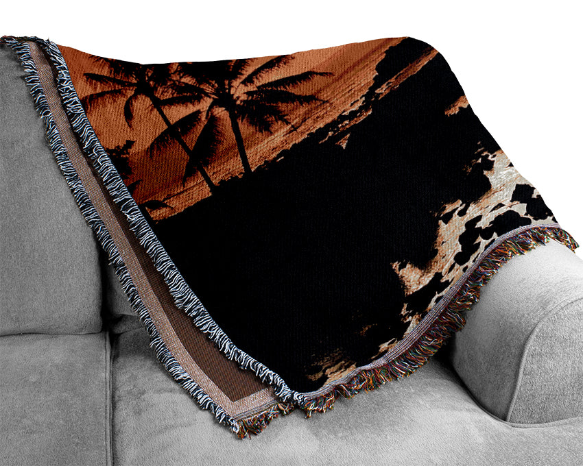 Stunning Palm Tree Ocean Rocks Woven Blanket