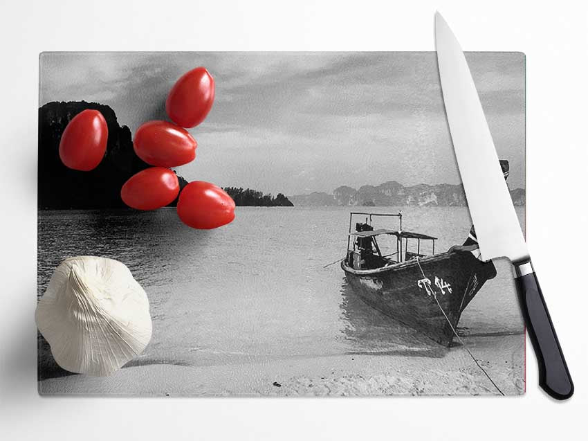 Desert Island Sailboat B n W Glass Chopping Board