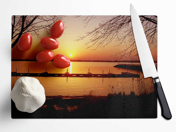 Tranquil Lake Sunrise Glass Chopping Board