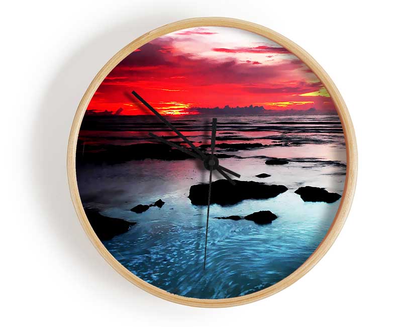 Lava Red Skies Over The Turquoise Ocean Clock - Wallart-Direct UK