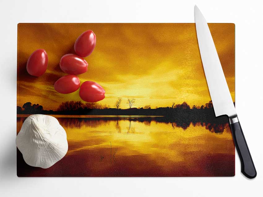 Stunning Lake At Sunset Golden Glass Chopping Board