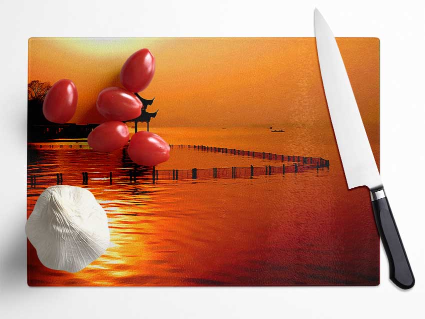 Sunset Orange Lake Calm Glass Chopping Board