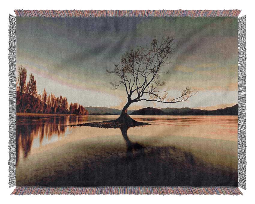 Lonely Lake Tree Woven Blanket