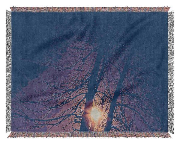 Sun At Dusk Between The Trees Woven Blanket