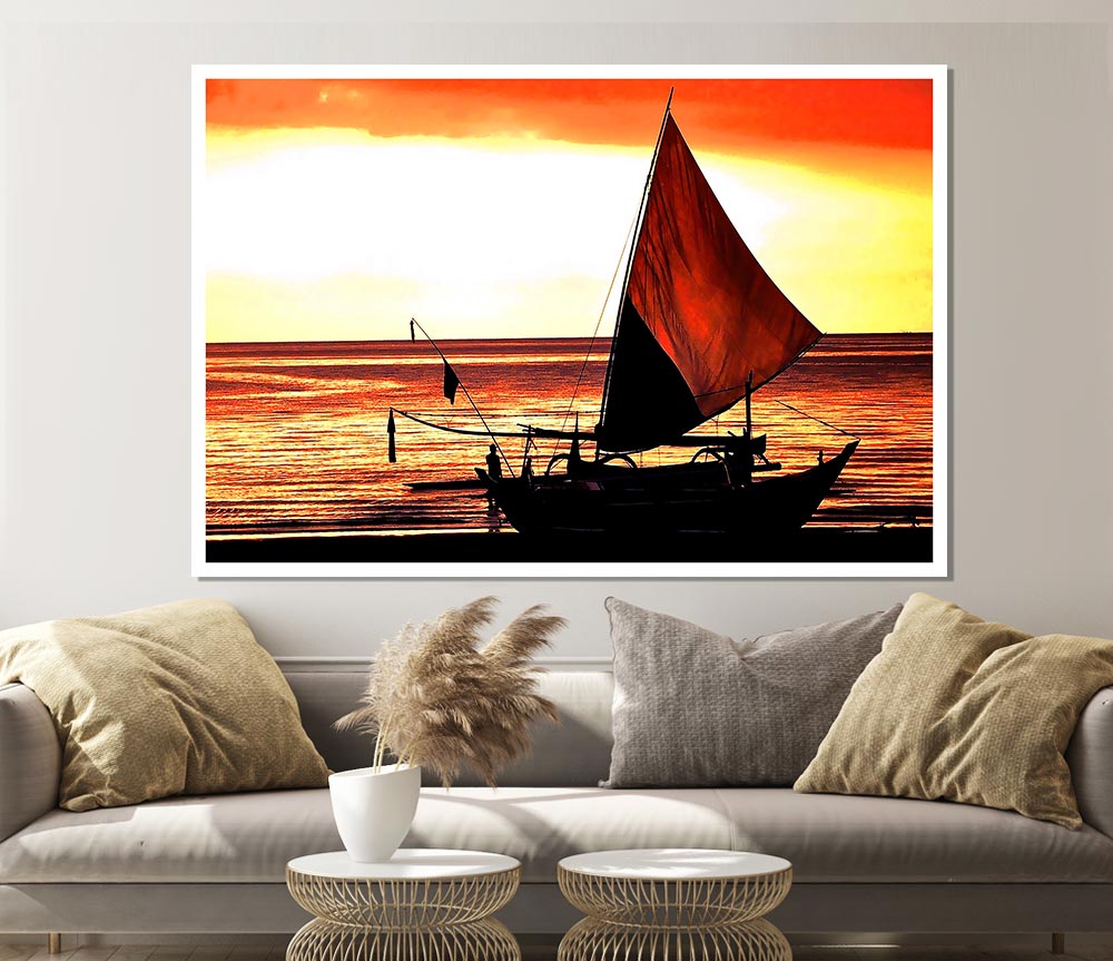 Beautiful Sail Boat At Sunset Print Poster Wall Art