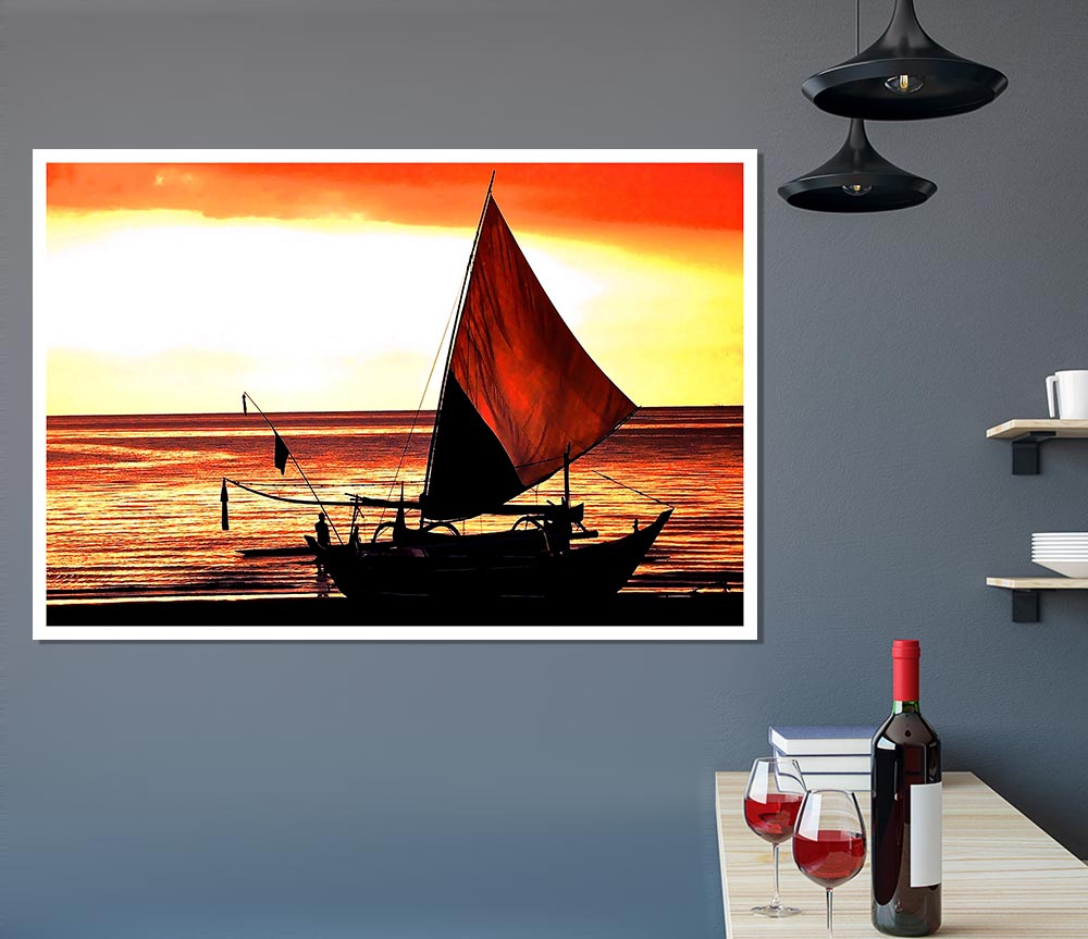 Beautiful Sail Boat At Sunset Print Poster Wall Art