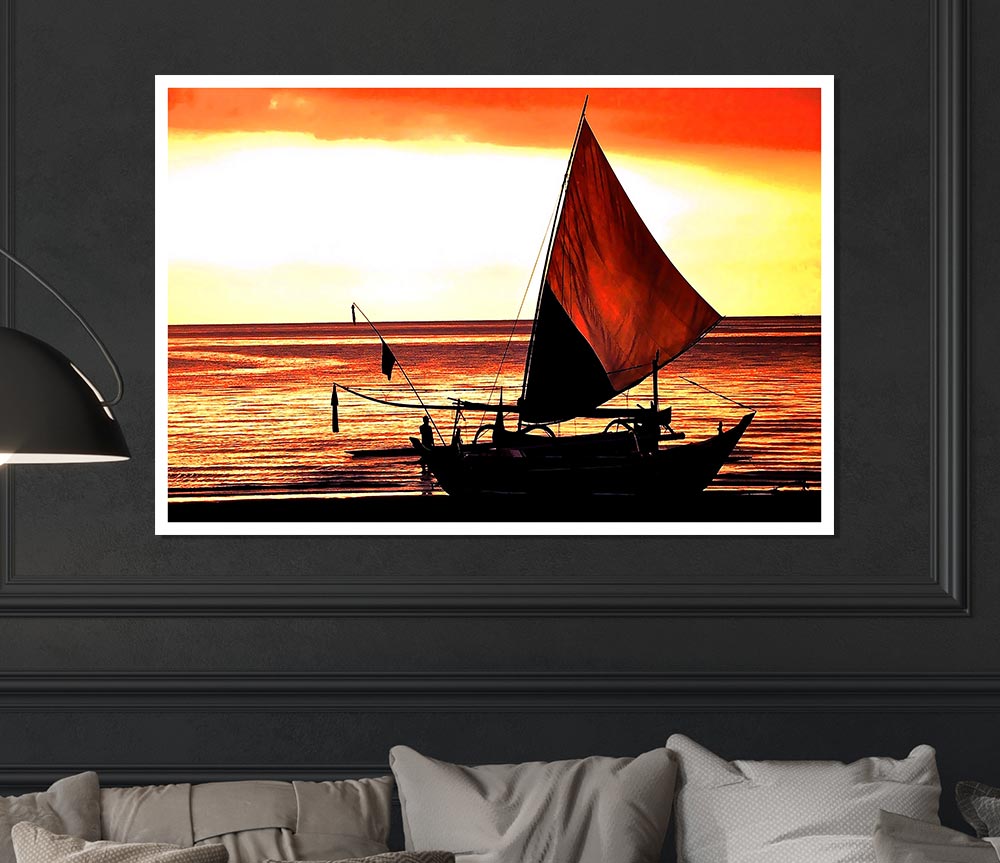 Beautiful Sail Boat At Sunset Print Poster Wall Art