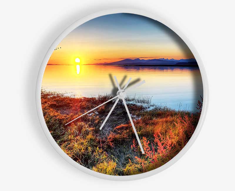 Migratory Birds Flying Over The Mountain Lake Clock - Wallart-Direct UK