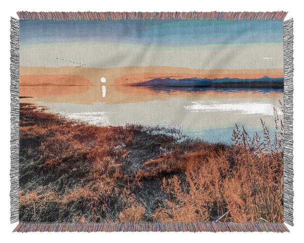 Migratory Birds Flying Over The Mountain Lake Woven Blanket