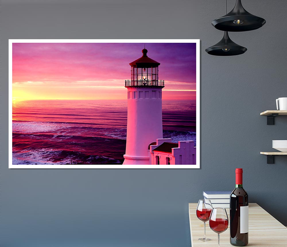 Lighthouse Pink Sunset Print Poster Wall Art