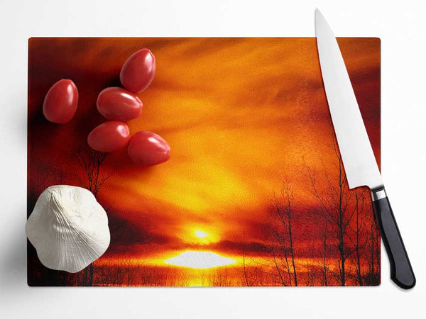 Orange Sunblaze Through The Misty Sky Glass Chopping Board