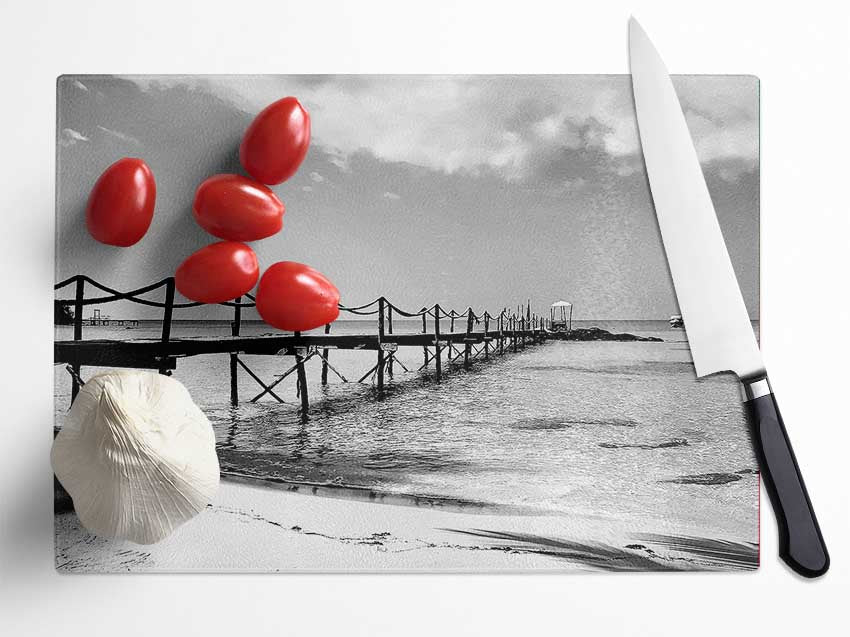 White Sand Pier B n W Glass Chopping Board