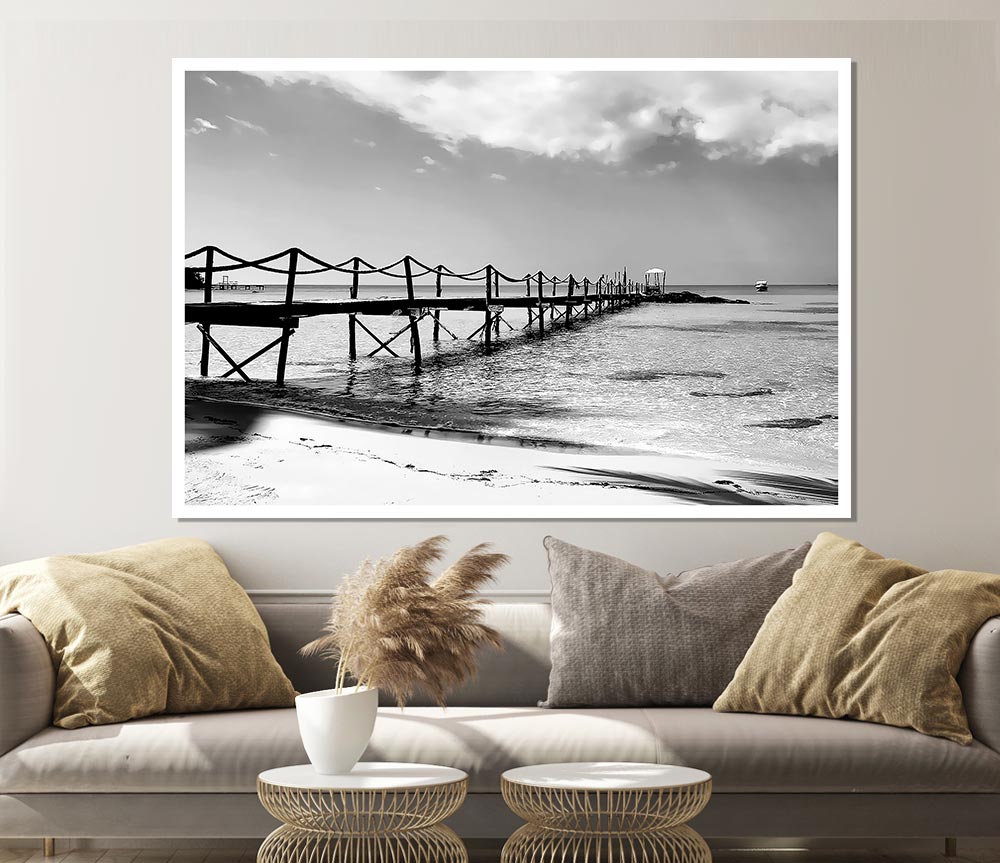 White Sand Pier B N W Print Poster Wall Art