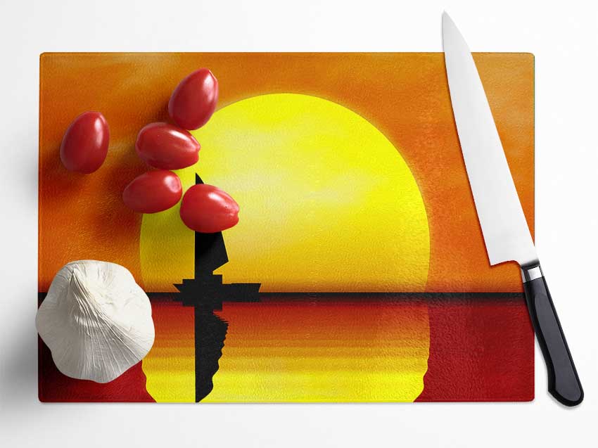 Boat Sailing In The Sunset Glass Chopping Board