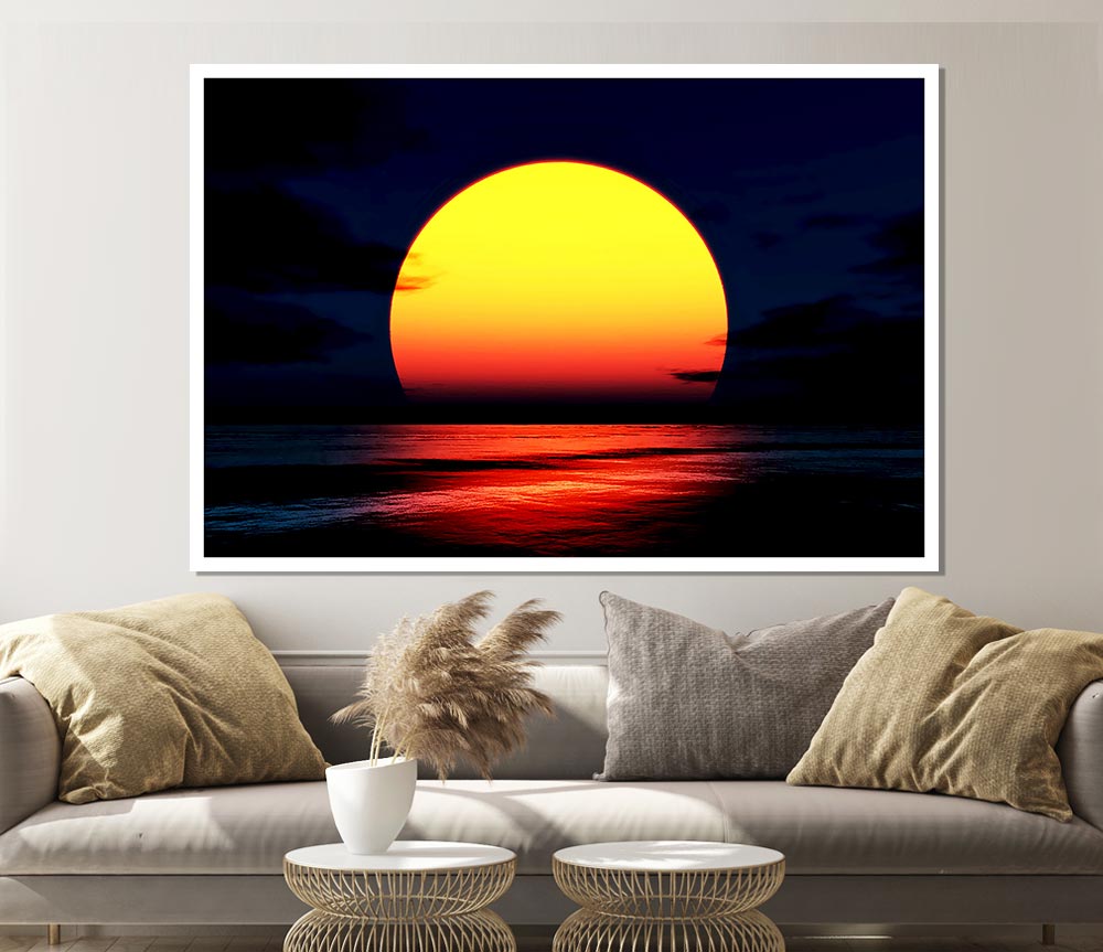 Huge Golden Sun Over Ocean Print Poster Wall Art