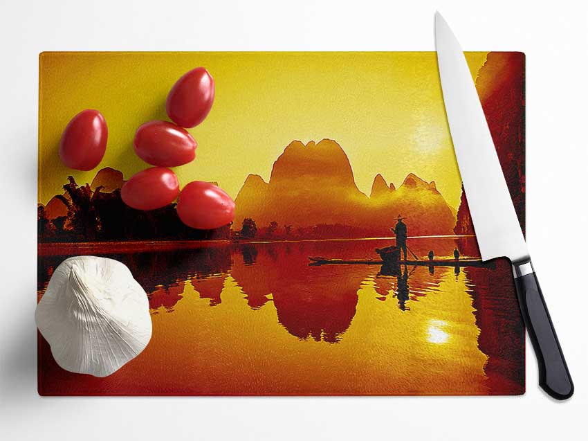 Fisherman Reflection Caramel Glass Chopping Board