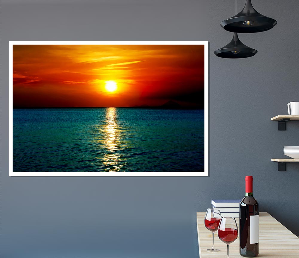 As The Sun Goes Down Over The Turquoise Ocean Print Poster Wall Art