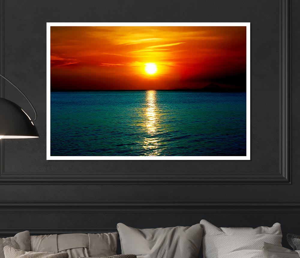 As The Sun Goes Down Over The Turquoise Ocean Print Poster Wall Art