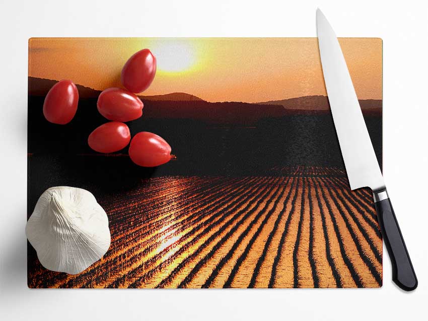 Sunset Over The Wheatfield Glass Chopping Board