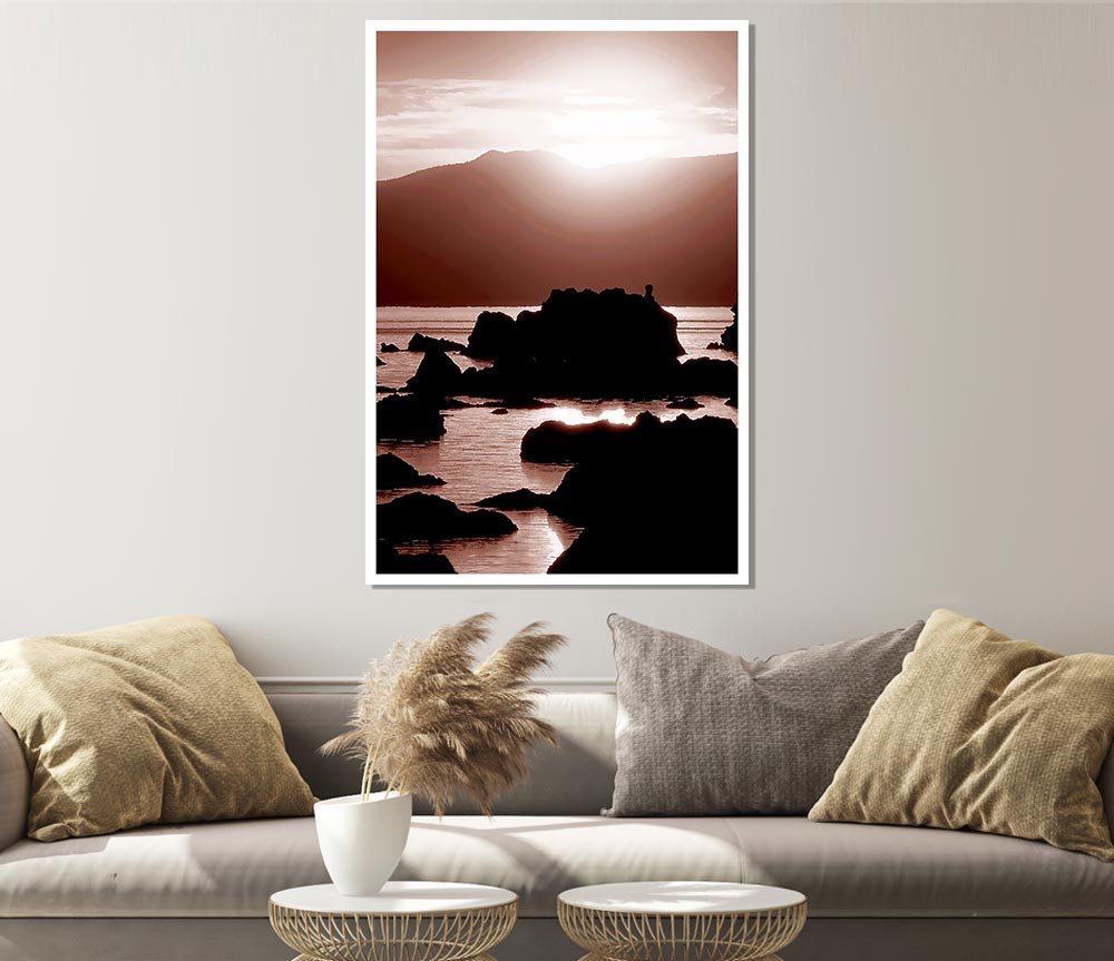 The Suns Mauve Ocean Rocks Print Poster Wall Art