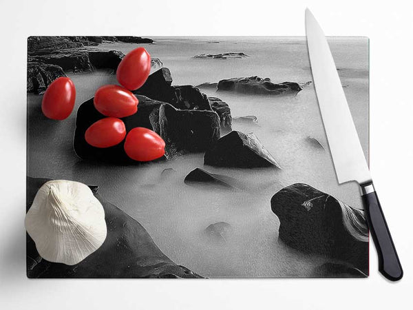 Misty Calm Ocean Rocks Black n White Glass Chopping Board