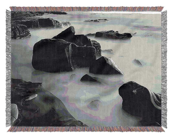 Misty Calm Ocean Rocks Black n White Woven Blanket