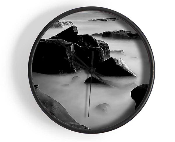 Misty Calm Ocean Rocks Black n White Clock - Wallart-Direct UK