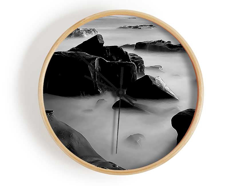 Misty Calm Ocean Rocks Black n White Clock - Wallart-Direct UK