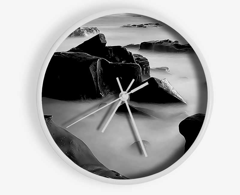 Misty Calm Ocean Rocks Black n White Clock - Wallart-Direct UK