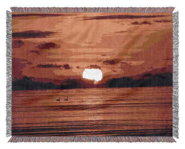 Swans On The Orange Ocean Reflection Woven Blanket