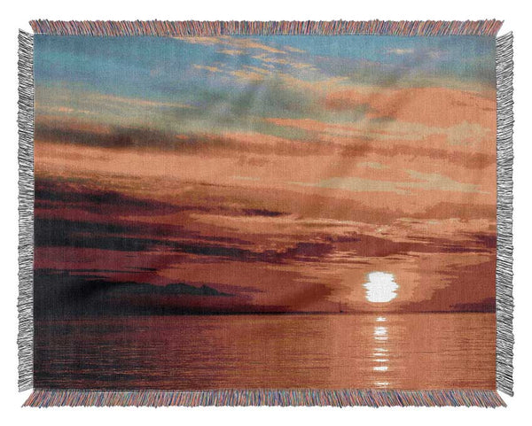 Distant Ocean Sailboat Sunset Woven Blanket