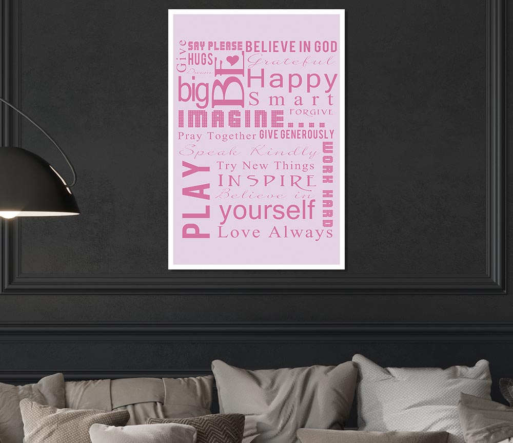 Home Quote Family Rules Be Happy Love Always Pink Print Poster Wall Art