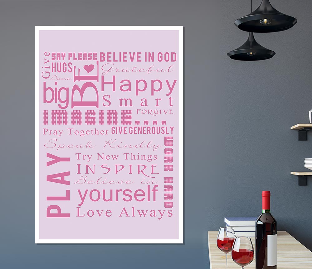 Home Quote Family Rules Be Happy Love Always Pink Print Poster Wall Art