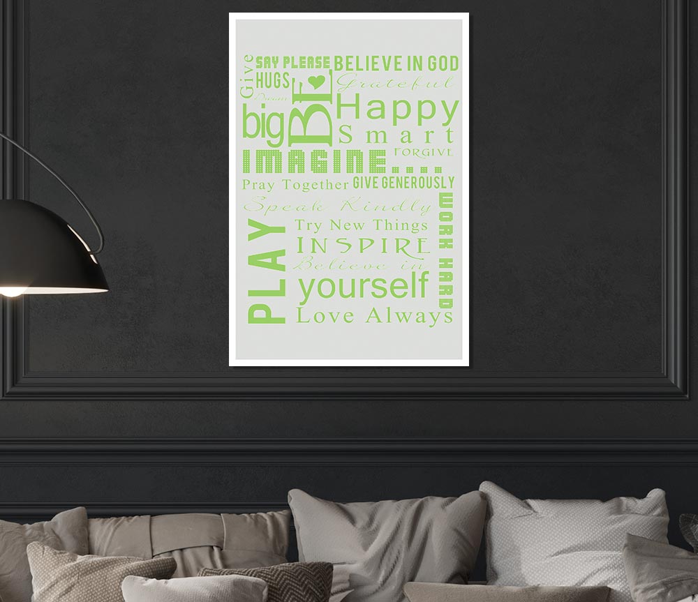 Home Quote Family Rules Be Happy Love Always Lime Green Print Poster Wall Art