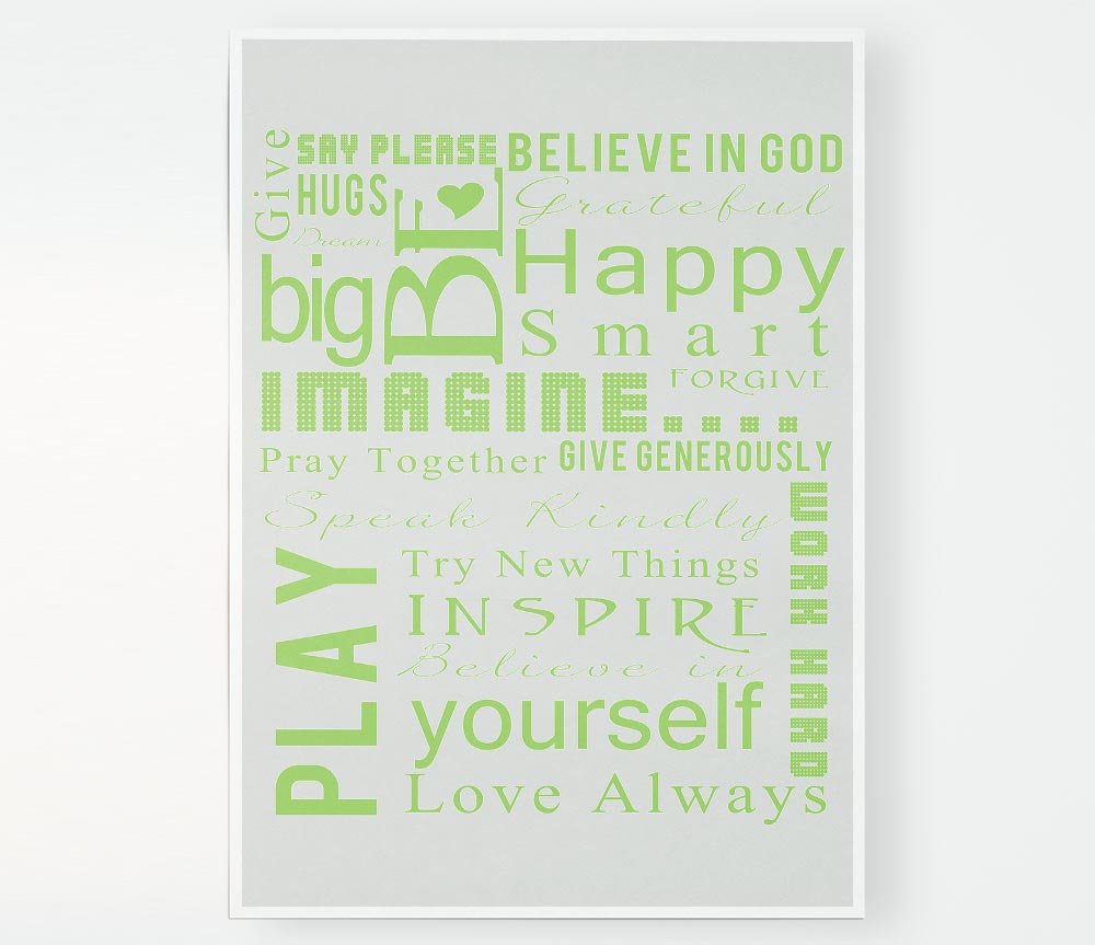 Home Quote Family Rules Be Happy Love Always Lime Green Print Poster Wall Art