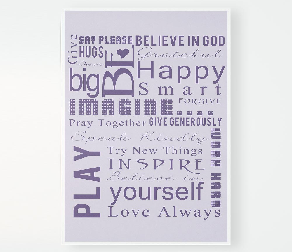 Home Quote Family Rules Be Happy Love Always Lilac Print Poster Wall Art