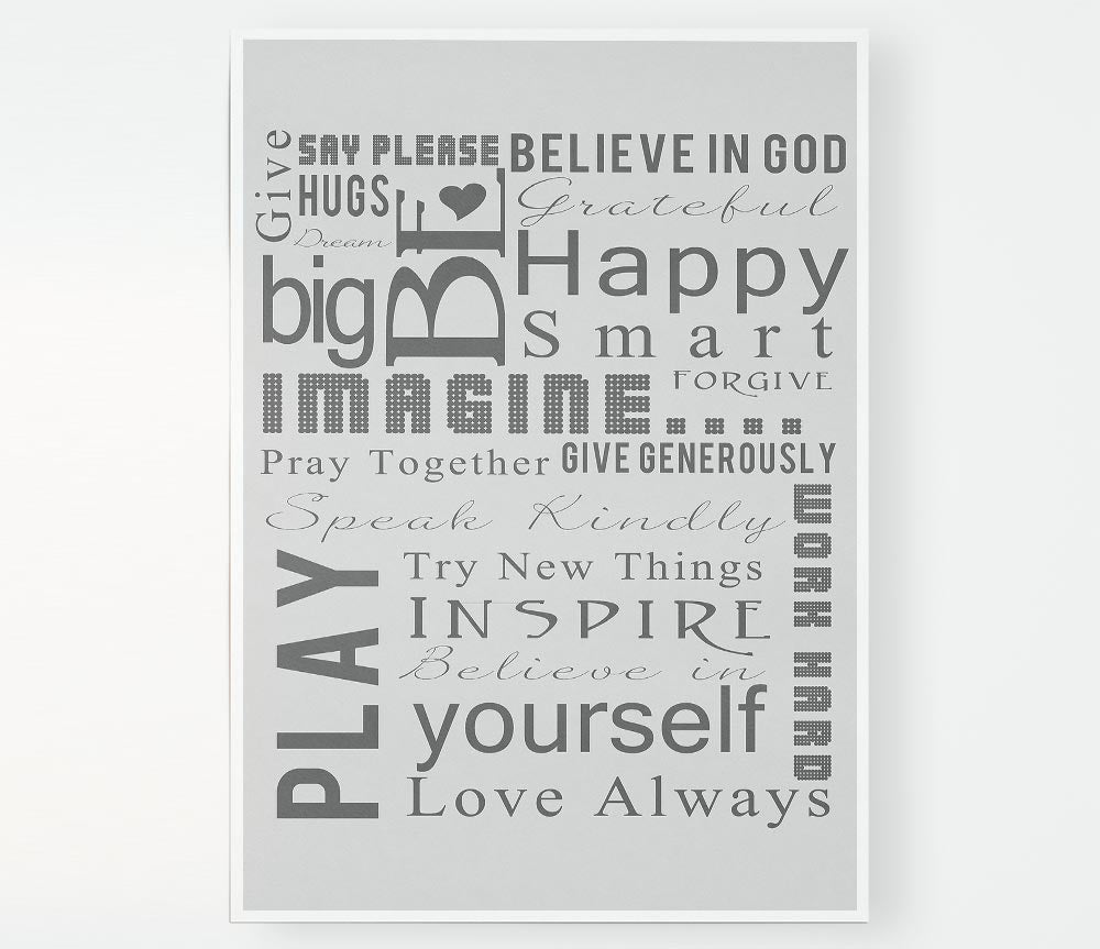 Home Quote Family Rules Be Happy Love Always Grey Print Poster Wall Art