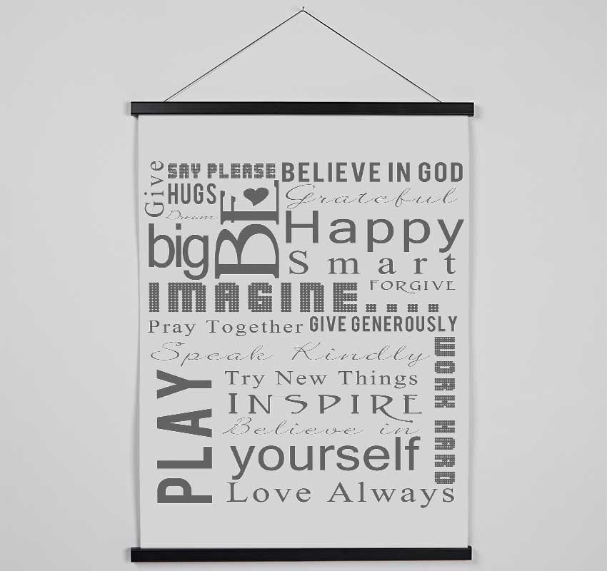 Home Quote Family Rules Be Happy Love Always Grey Hanging Poster - Wallart-Direct UK