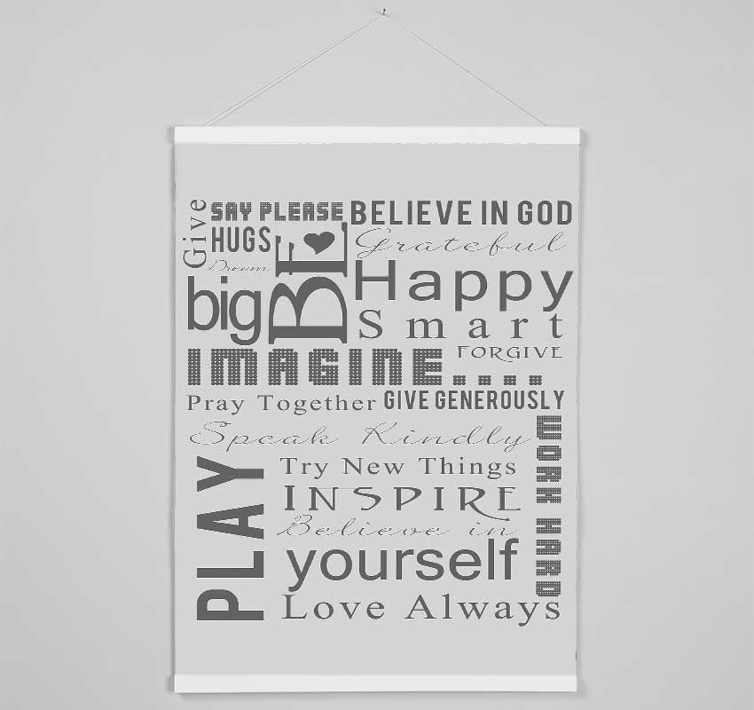 Home Quote Family Rules Be Happy Love Always Grey Hanging Poster - Wallart-Direct UK