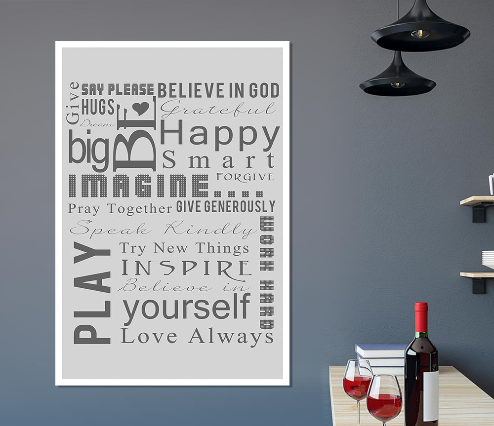 Home Quote Family Rules Be Happy Love Always Grey Print Poster Wall Art