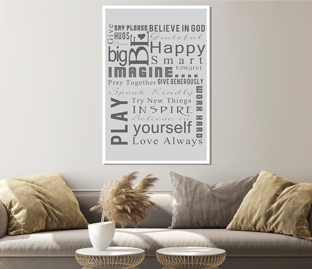 Home Quote Family Rules Be Happy Love Always Grey Print Poster Wall Art